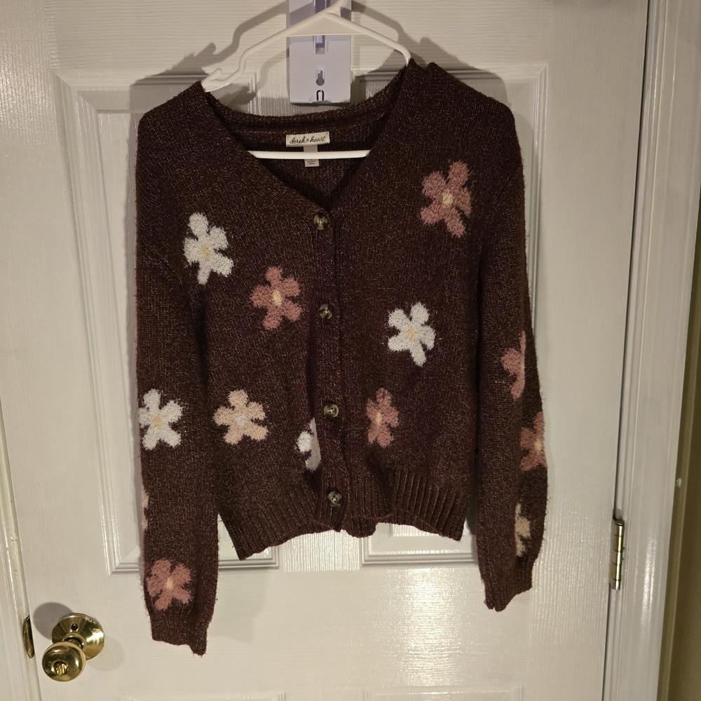 Derek Heart Sweater Burgundy With Pink & White Flowers Cardigan Jr Size Large